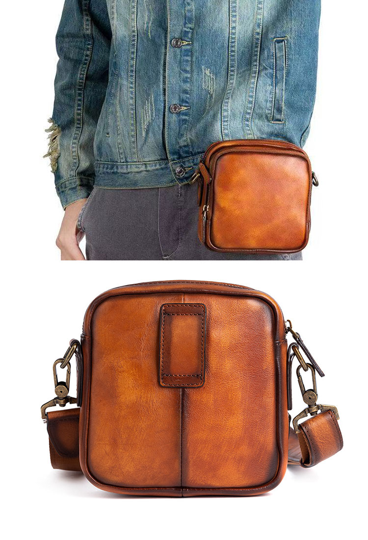 Whatna アンティーク風合い鞣し 天 然 牛 革ミニショルダーバッグ メンズ  ミニウエストバッグ ウエストポーチバイク用 本革 男女兼用 ミニ斜め掛け ボディバッグ 胸バッグ  ワンショルダー 軽量 ブラウン 黒13645-8
