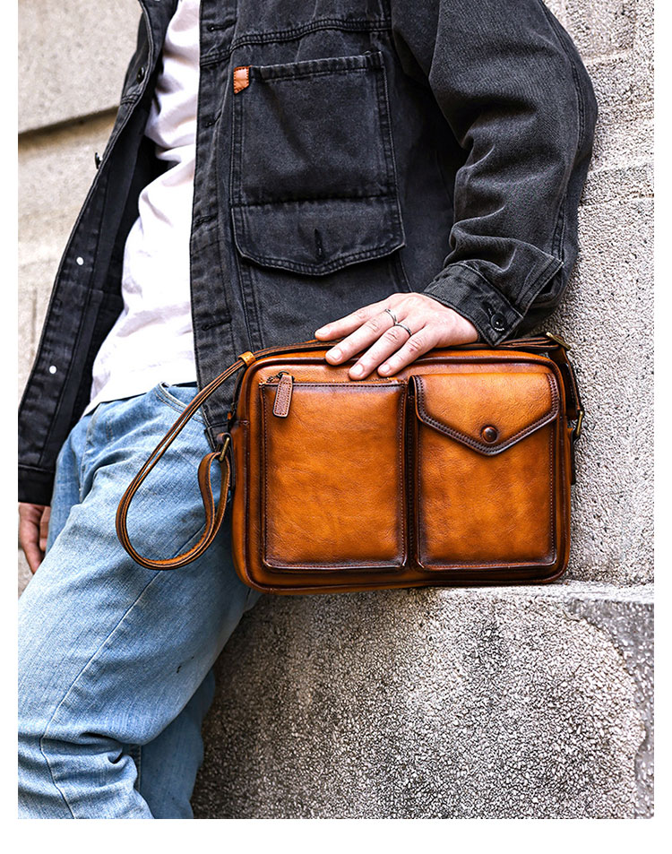 Whatna アンティーク風合い鞣し天 然 牛革 ショルダーバッグ メンズ  斜め掛け ボディ胸バッグ大さめA4サイズipad 10.5収納可 肩掛け 通勤 通学 ビジネスバッグ メッセンジャーバッグ自転車 かばん男性用 6213-12