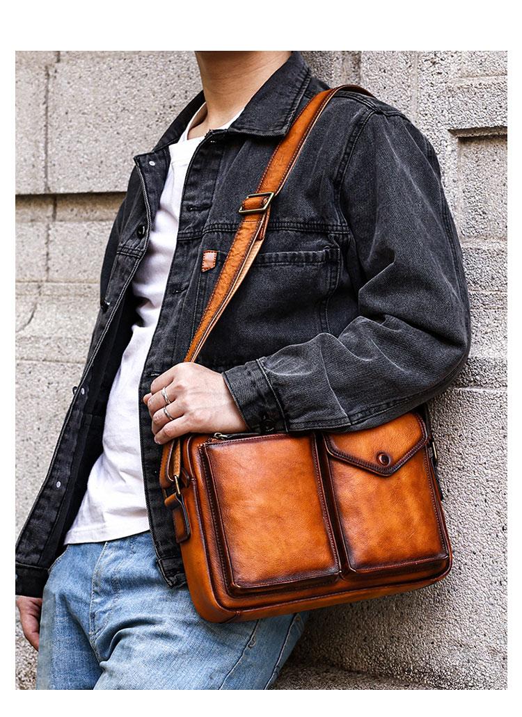 Whatna アンティーク風合い鞣し天 然 牛革 ショルダーバッグ メンズ  斜め掛け ボディ胸バッグ大さめA4サイズipad 10.5収納可 肩掛け 通勤 通学 ビジネスバッグ メッセンジャーバッグ自転車 かばん男性用 6213-11