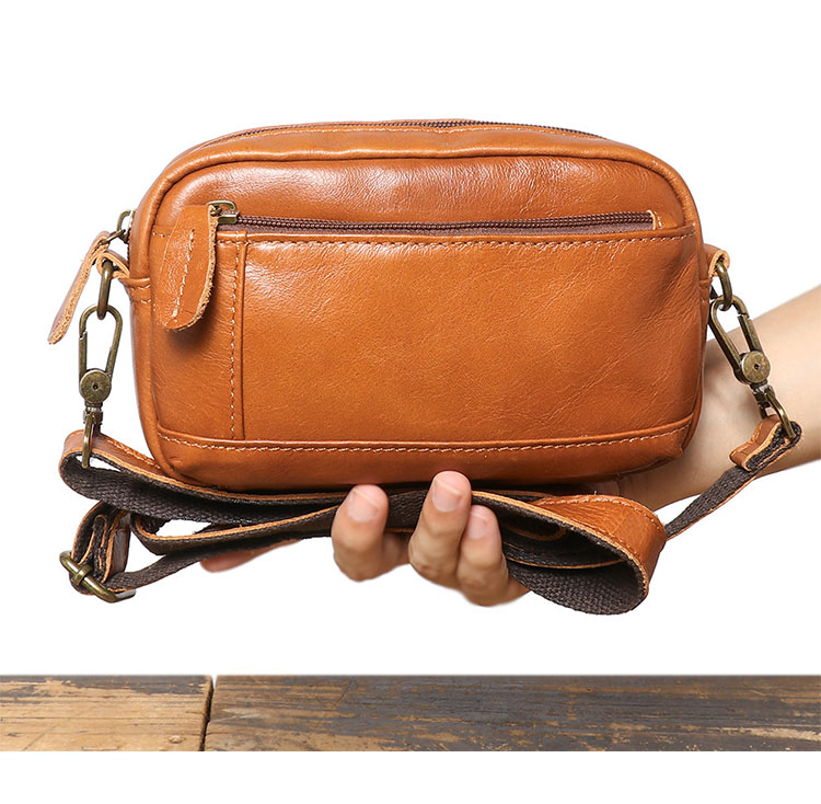 Whatna アンティーク風合い鞣し 天 然 牛 革ミニショルダー メンズ  ミニウエストバッグ ウエストポーチバイク用 本革 男女兼用  ワンショルダー 斜め掛け ボディ胸バッグ  ブラウン 1895-2-4