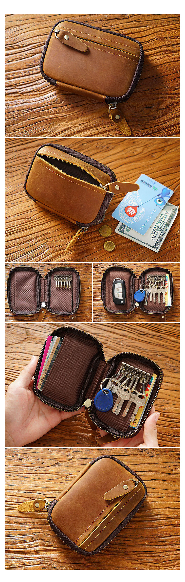 Whatna 天 然 牛 革 手作り キーケース バイク用メンズ レディース コインケース 小銭入れ 札入れ スマートキーケース キーホルダー 車用キーケース カーキーケース 厚 手 レザー本革 6色PY-026-5