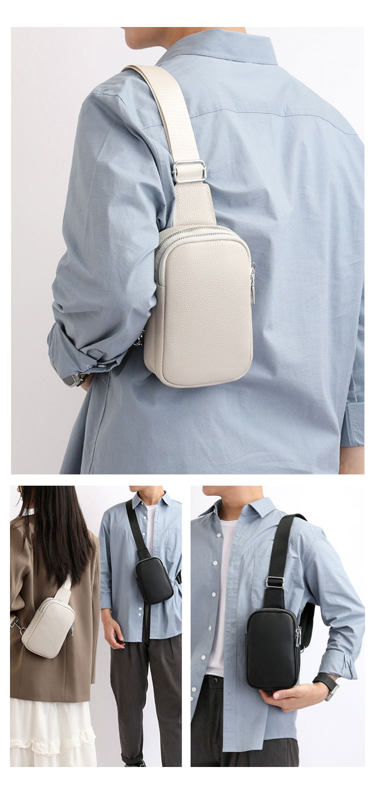 Whatna  牛 革 ワンショルダーメンズ レディース 肩掛け ボディ斜め掛け 胸バッグ 大容量 2室仕切 左右に付け替え可 軽量 男女兼用-10