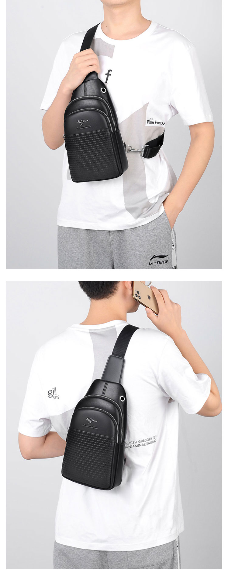 Whatna ワンショルダーメンズ レディース 肩掛け ボディ斜め掛け 胸バッグ 大容量PUレザー イヤホン穴付左右に付け替え可 軽量 男女兼用-5