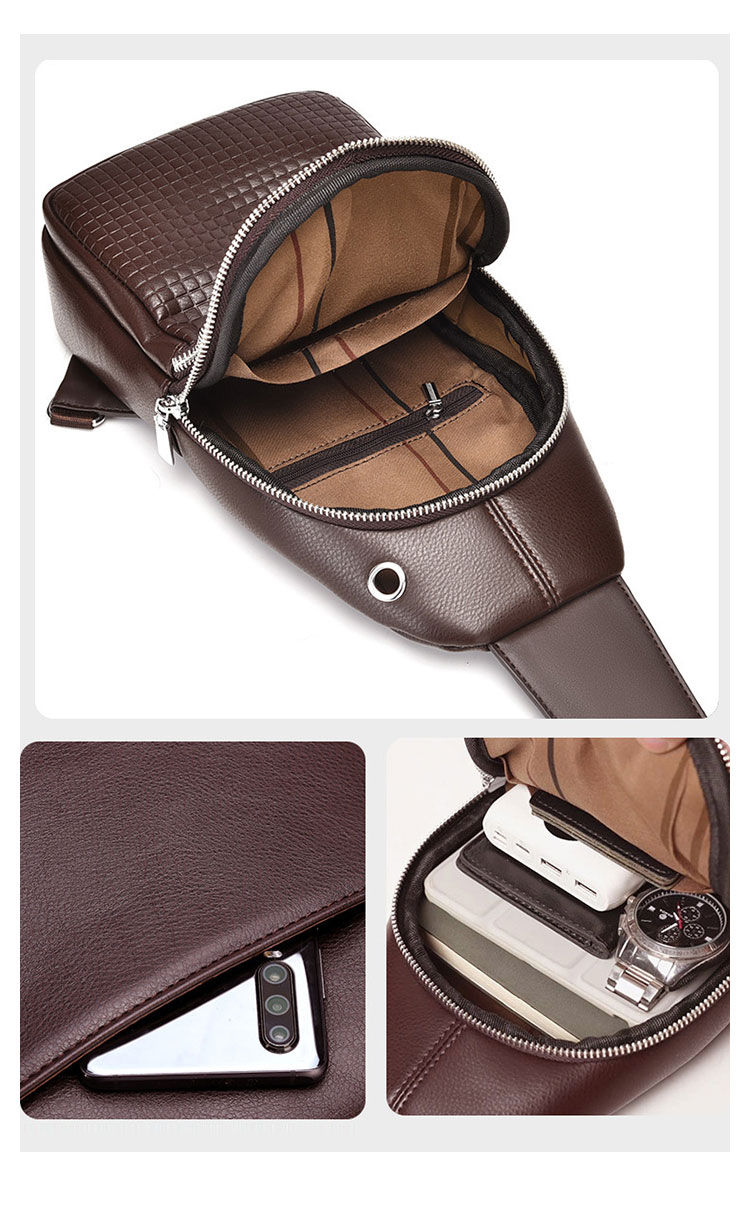 Whatna ワンショルダーメンズ レディース 肩掛け ボディ斜め掛け 胸バッグ 大容量PUレザー イヤホン穴付左右に付け替え可 軽量 男女兼用-3