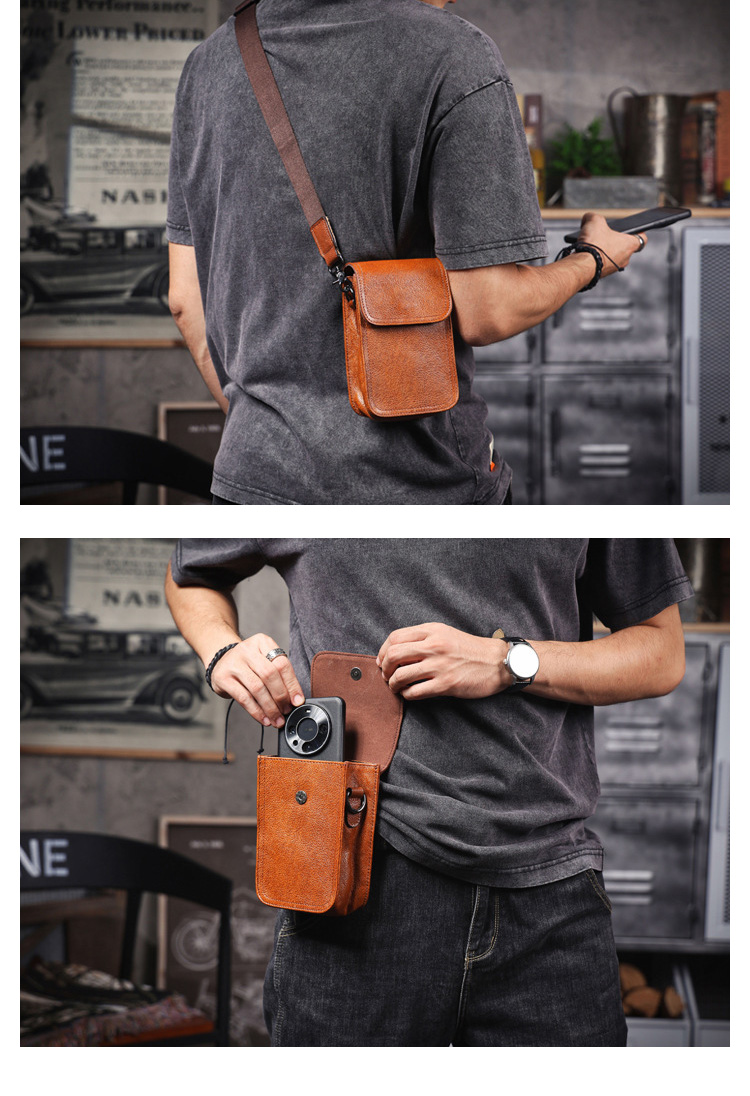 Whatnaアンティーク風合い鞣し 天 然 牛 革ミニショルダーバッグ メンズ  ミニウエストバッグ ウエストポーチバイク用 本革 男女兼用 ミニ斜め掛け ボディ胸バッグ  ワンショルダー 軽量 ブラウン 黒0608-10