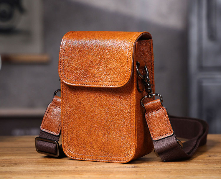 Whatnaアンティーク風合い鞣し 天 然 牛 革ミニショルダーバッグ メンズ  ミニウエストバッグ ウエストポーチバイク用 本革 男女兼用 ミニ斜め掛け ボディ胸バッグ  ワンショルダー 軽量 ブラウン 黒0608-1