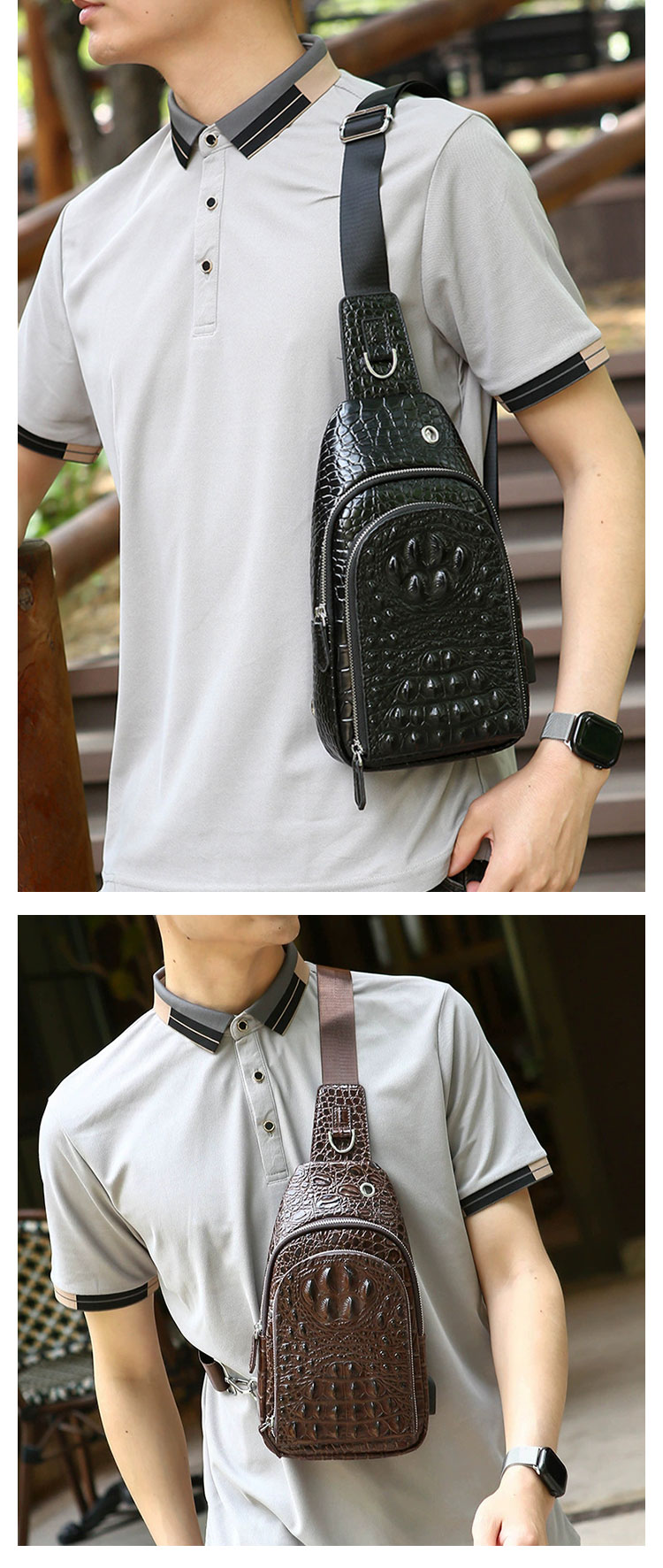Whatna ボディバッグ メンズ 斜め掛け ワンショルダー クロコダイル型押し本革 9.7インチ iPad収納可 イヤホン穴・充電ポート付き-11