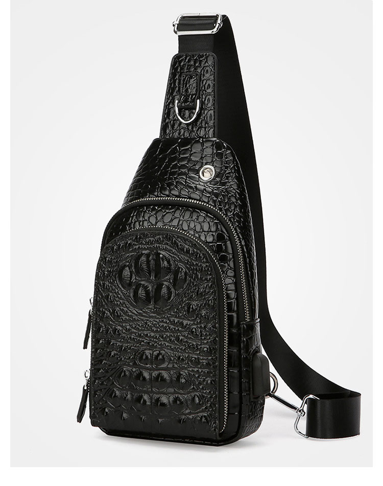 Whatna ボディバッグ メンズ 斜め掛け ワンショルダー クロコダイル型押し本革 9.7インチ iPad収納可 イヤホン穴・充電ポート付き-2