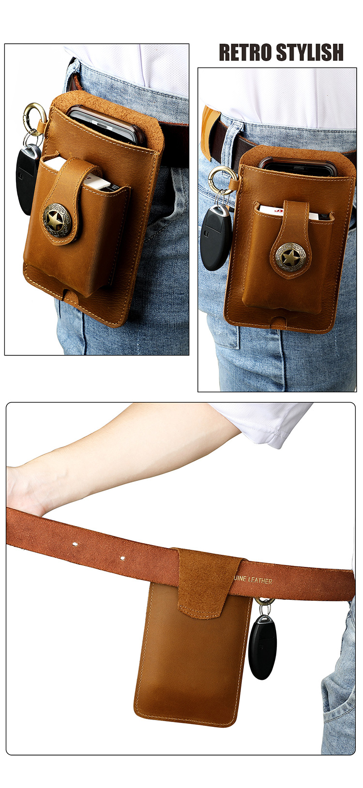 Whatna 天 然 牛革 ウエストポーチ メンズ 腰ポーチ ウエストバッグ 本 革 スマホポーチ 6.7インチスマホ収納可・キーホルダー付き コンパクトポーチ 小物入れ スポーツ ビジネス 旅行 男性 用 6103-5