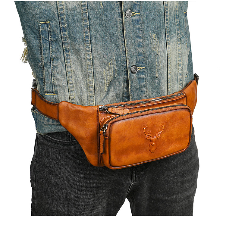 Whatnaアンティーク風合い鞣し天 然 牛革 ボディ斜め掛け 胸バッグ メンズ ウエストポーチ ワンショルダー 男女兼用 本革 15027-10