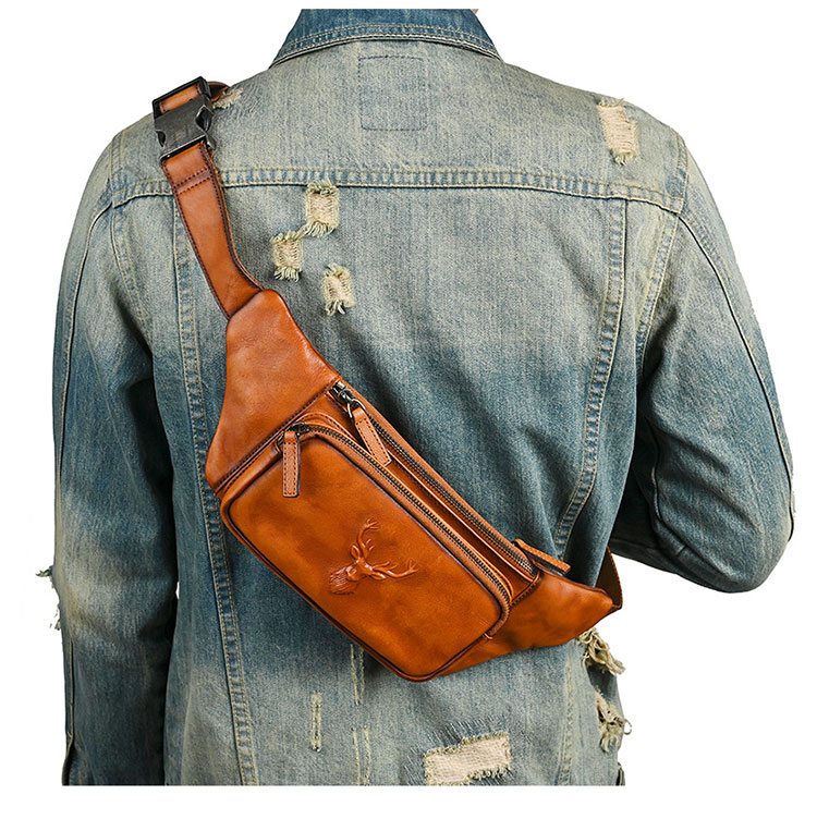 Whatnaアンティーク風合い鞣し天 然 牛革 ボディ斜め掛け 胸バッグ メンズ ウエストポーチ ワンショルダー 男女兼用 本革 15027-9