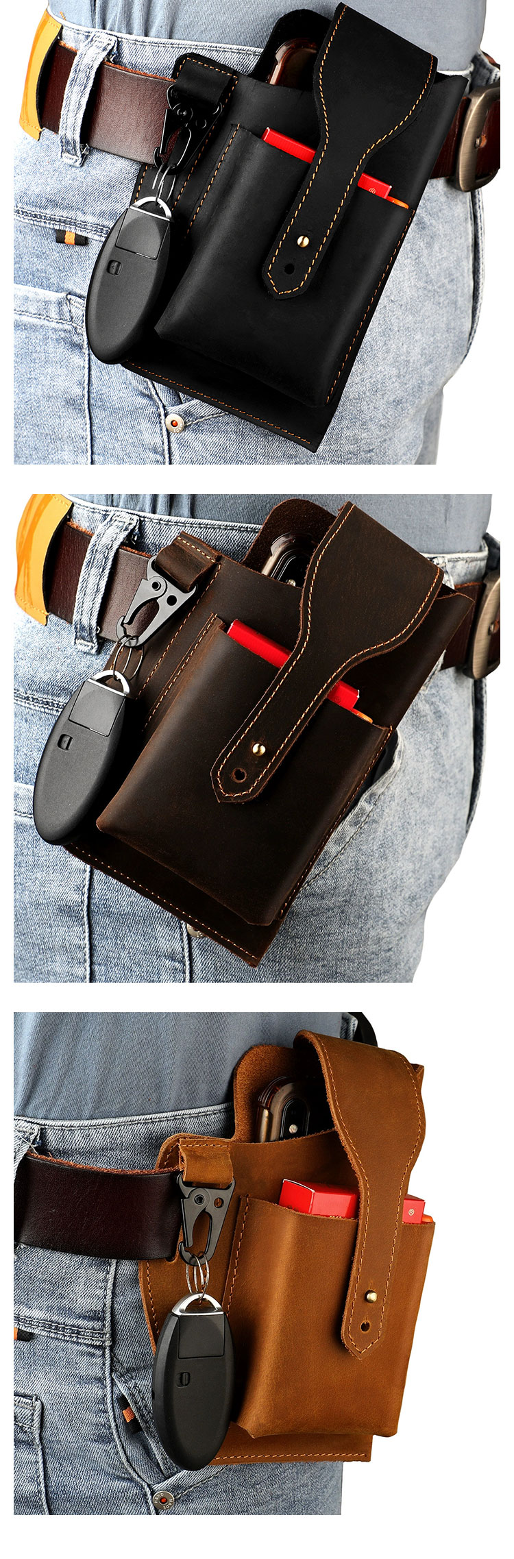 Whatna 天 然 牛革 ウエストポーチ メンズ 腰ポーチ ウエストバッグ 本 革 スマホポーチ 6.7インチスマホ収納可・キーホルダー付き コンパクトポーチ 小物入れ スポーツ ビジネス 旅行 男性 用 6102-5