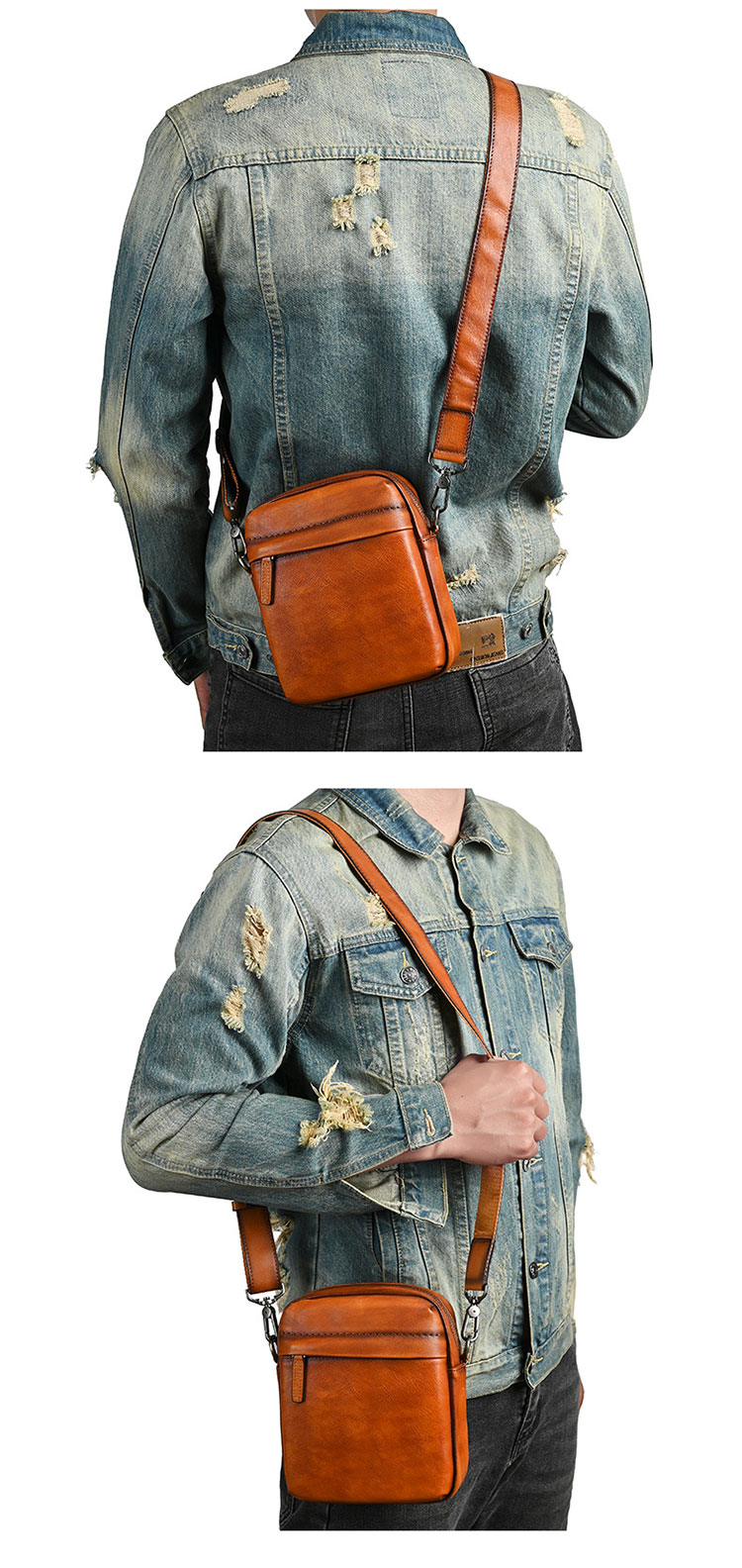 Whatna アンティーク風合い鞣し天 然 牛 革 ボディバッグ メンズ ワンショルダー胸バッグ 厚手レザー肩掛け 通勤 通学 自転車 かばん男性用 12058-8