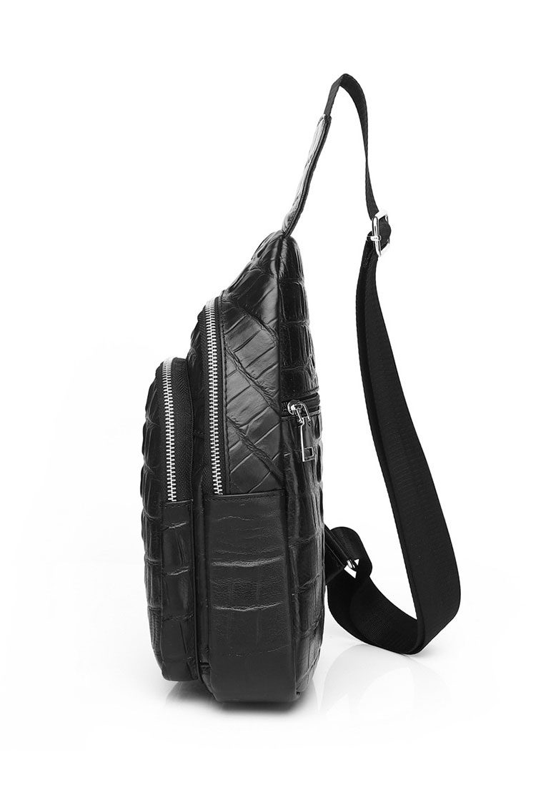 Whatnaクロコダイル型押し 天 然 牛革 斜めがけ ボディバッグ ワンショルダー メンズ  本 革 厚手 レザー  黒 8511-3