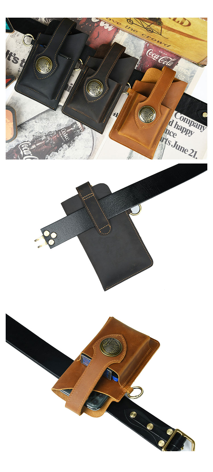 Whatna 天 然 牛 革 ウエストポーチ メンズ 腰ポーチ ウエストバッグスマホポーチ 6.7インチスマホ収納可・キーホルダー付き コンパクトポーチ 小物入れ スポーツ ビジネス 旅行 男性 用 本 革 PYB-210-3