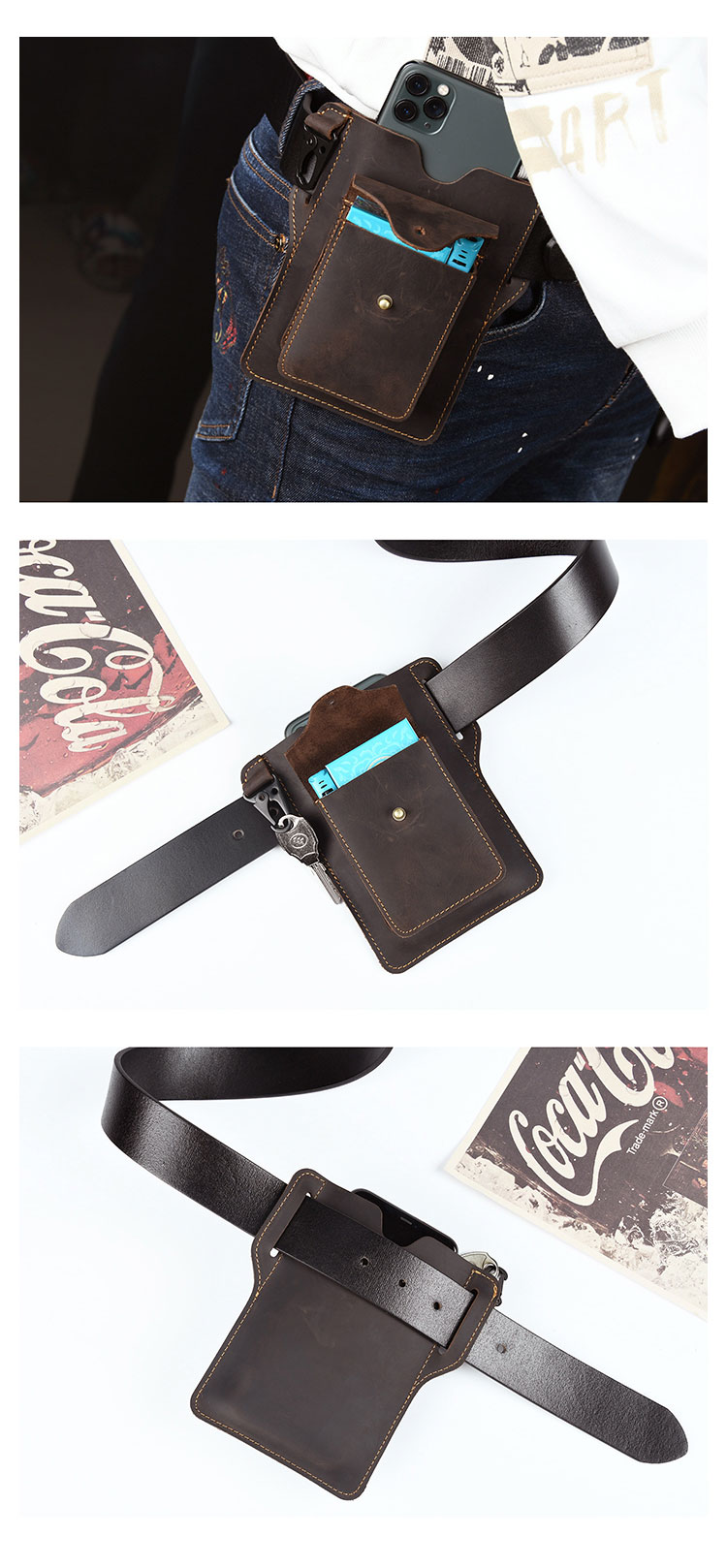 Whatna 天 然 牛 革 ウエストポーチ メンズ 腰ポーチ ウエストバッグスマホポーチ 6.7インチスマホ収納可・キーホルダー付き コンパクトポーチ 小物入れ スポーツ ビジネス 旅行 男性 用  本 革 PYB-204-4