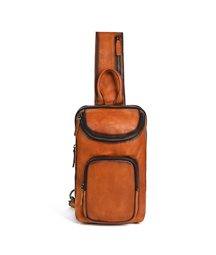 Whatna アンティーク風合い鞣し天 然 牛 革ボディバッグ メンズ 本革 厚手 レザー 3WAY 斜め掛け／肩掛け／手持ち/ 3室仕切り手提げ 胸バッグ1260-1