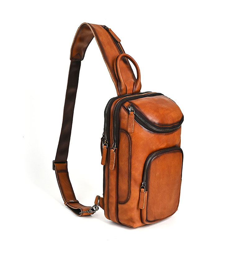 Whatna アンティーク風合い鞣し天 然 牛 革ボディバッグ メンズ 本革 厚手 レザー 3WAY 斜め掛け／肩掛け／手持ち/ 3室仕切り手提げ 胸バッグ1260-2