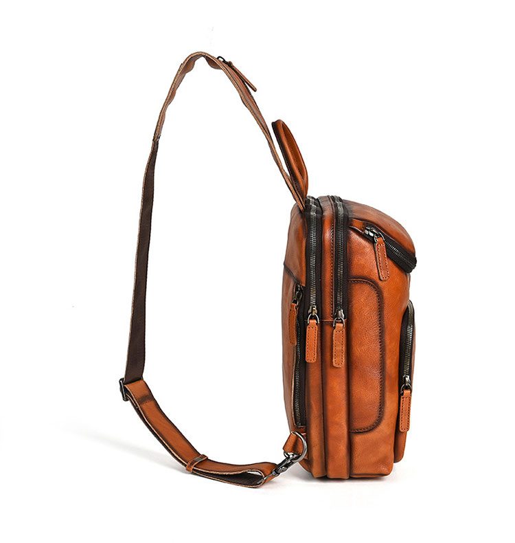Whatna アンティーク風合い鞣し天 然 牛 革ボディバッグ メンズ 本革 厚手 レザー 3WAY 斜め掛け／肩掛け／手持ち/ 3室仕切り手提げ 胸バッグ1260-3