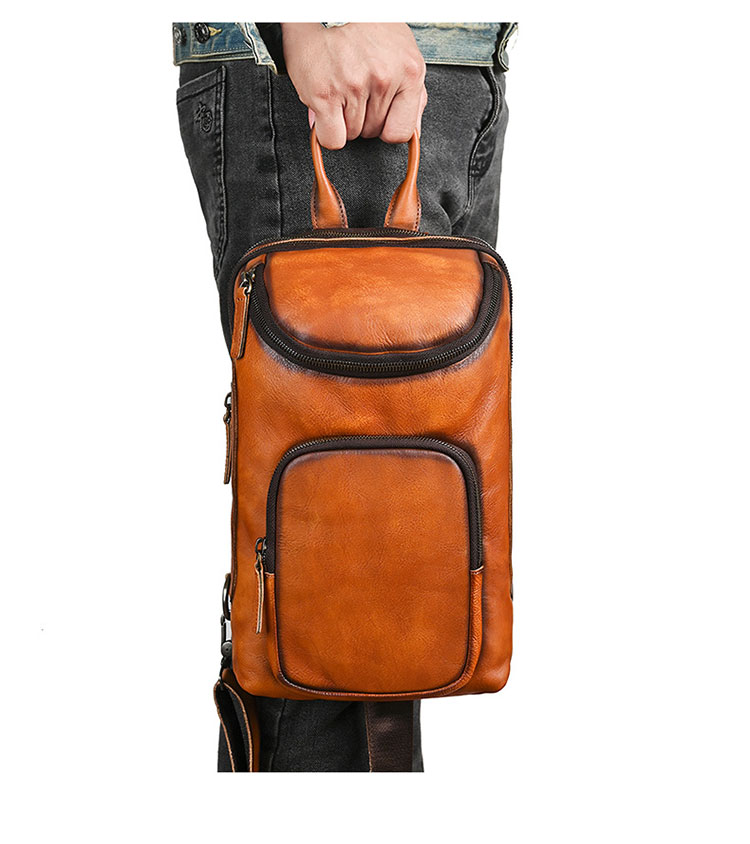 Whatna アンティーク風合い鞣し天 然 牛 革ボディバッグ メンズ 本革 厚手 レザー 3WAY 斜め掛け／肩掛け／手持ち/ 3室仕切り手提げ 胸バッグ1260-9