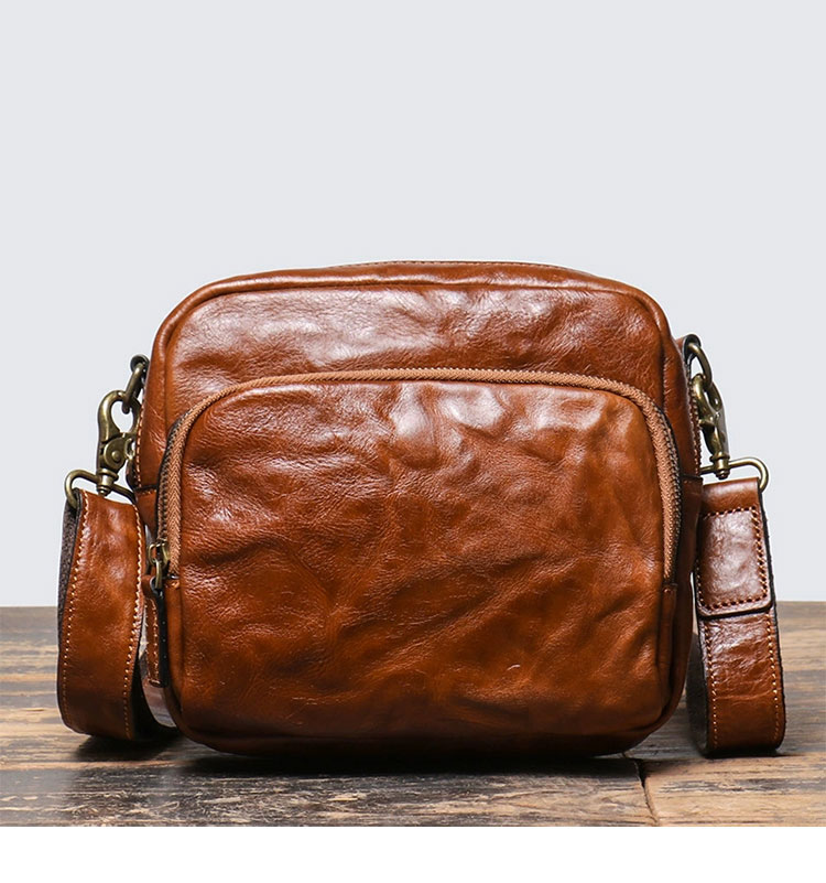 Whatna アンティーク風合い鞣し 天 然 牛 革ミニショルダーバッグ メンズ ウエストバッグ ウエストポーチバイク用 本革 男女兼用 斜め掛け ボディ胸バッグ ワンショルダー 軽量 ブラウン 30117-1