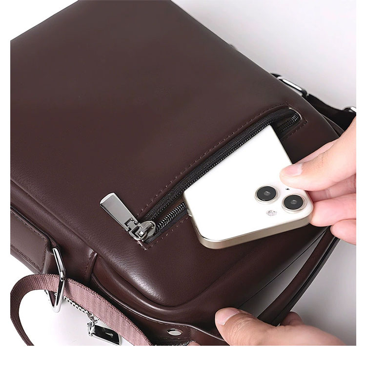 Whatna ショルダーバッグ メンズ 2WAY 手提げ/斜めがけ PUレザー 撥水 多収納 フロント&背面ファスナーポケット iPad mini対応 21×25×8cm 通勤 旅行-4