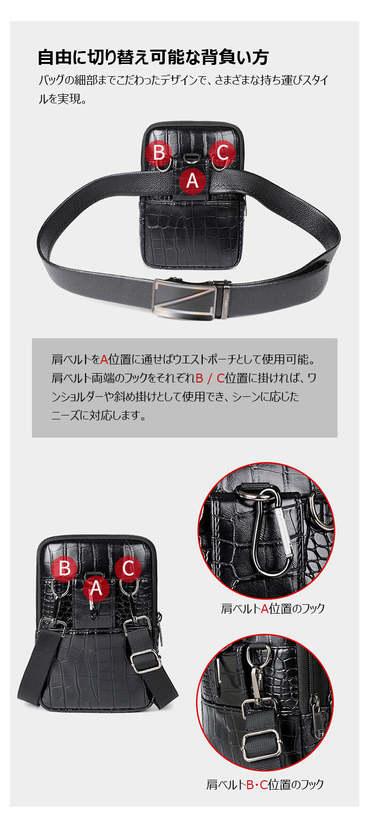 Whatna  PUレザー ミニショルダーバッグ メンズ ウエストポーチ 斜め掛け 多機能 コンパクト 肩掛けバッグ 小型 2室仕切 バッグインバッグ カラビナ付き 調整可能 ポーチ-6