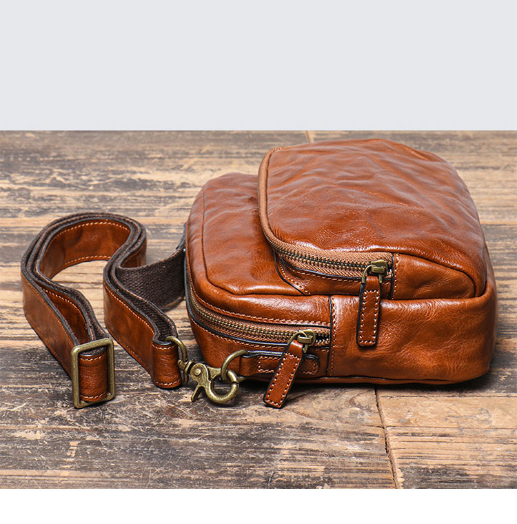 Whatna アンティーク風合い鞣し 天 然 牛 革ミニショルダーバッグ メンズ ウエストバッグ ウエストポーチバイク用 本革 男女兼用 斜め掛け ボディ胸バッグ ワンショルダー 軽量 ブラウン 30117-3