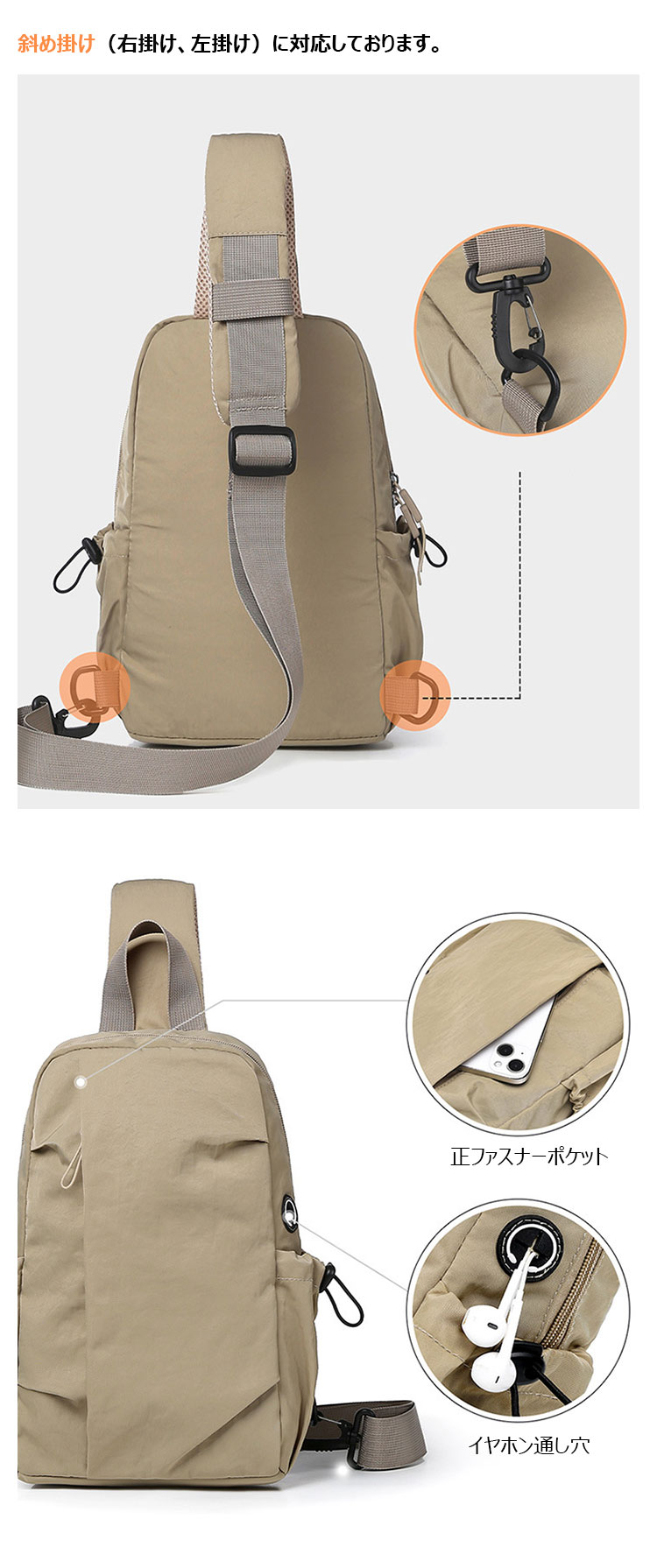 Whatna ワンショルダーメンズ  レディース ボディ斜め掛けバッグ 肩掛け 手提げバック ダブルファスナー  左右付け替え可能 軽くて持 防水性が高い-8