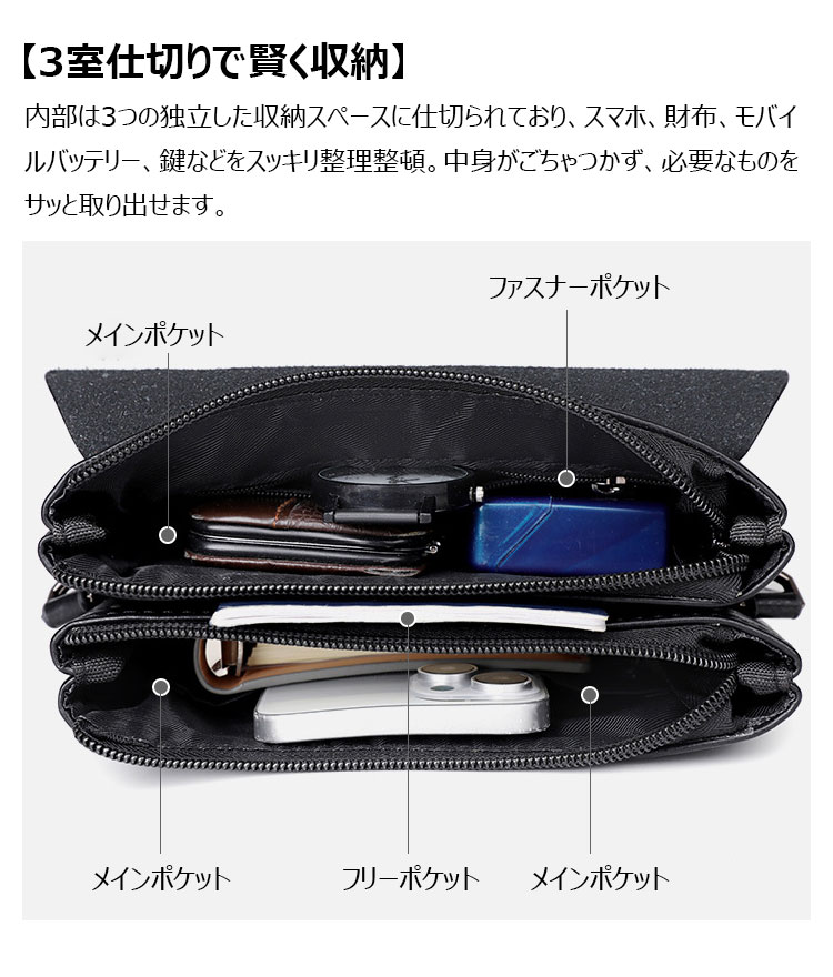 Whatna  ショルダーバッグ メンズ  斜めがけボディバッグ 胸バッグ PUレザー 大容量 3室の仕切り多収納ポケット 通勤 通学 旅行-7