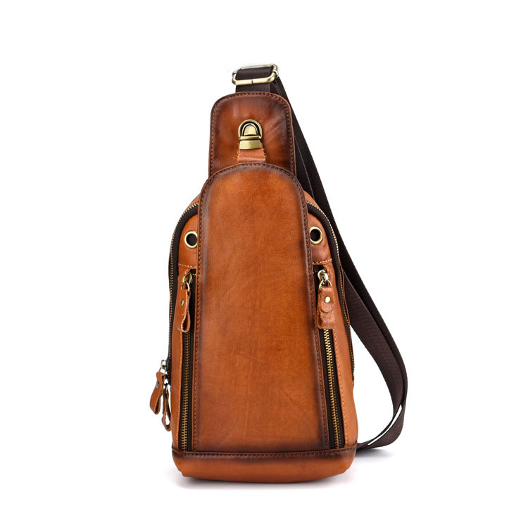 Whatna アンティーク風合い鞣し天 然牛 革 斜めがけ ボディバッグ ワンショルダー メンズ 胸バッグ ダブルファスナー本革 厚手  レザー 8030-1