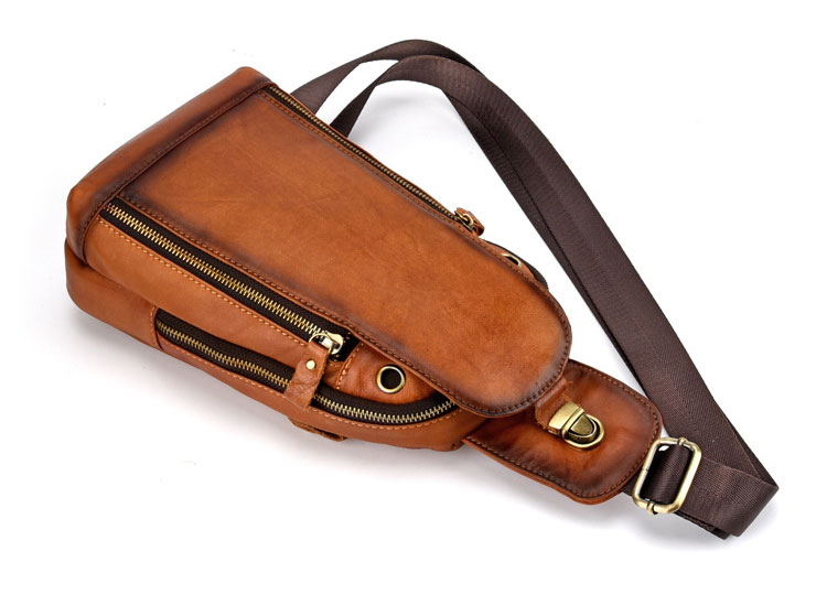 Whatna アンティーク風合い鞣し天 然牛 革 斜めがけ ボディバッグ ワンショルダー メンズ 胸バッグ ダブルファスナー本革 厚手  レザー 8030-4