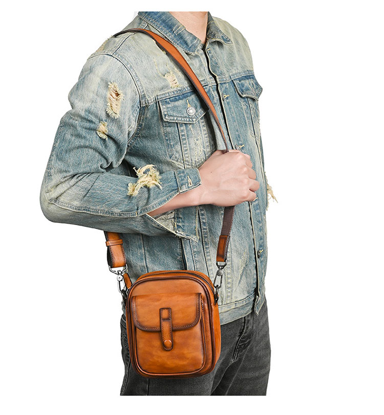 Whatna アンティーク風合い鞣し天 然 牛 革 斜めがけボディバッグ メンズ ワンショルダー胸バッグ 厚手レザー肩掛け 通勤 通学 自転車 かばん男性用 13813-8