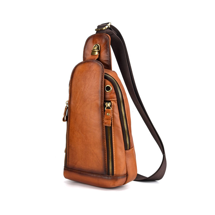 Whatna アンティーク風合い鞣し天 然牛 革 斜めがけ ボディバッグ ワンショルダー メンズ 胸バッグ ダブルファスナー本革 厚手  レザー 8030-2