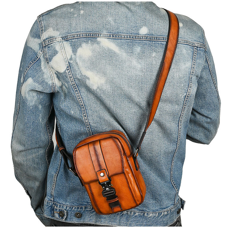 Whatnaアンティーク風合い鞣し天 然 牛革 ミニショルダーバッグ メンズ 斜め掛けボディ胸バッグ 肩掛け 通勤 通学 ワンショルダー 小さめメッセンジャー バッグ自転車 かばん男性用 WX8651-7