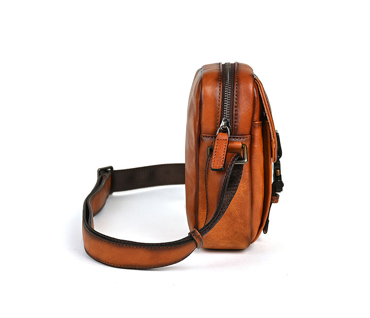 Whatnaアンティーク風合い鞣し天 然 牛革 ミニショルダーバッグ メンズ 斜め掛けボディ胸バッグ 肩掛け 通勤 通学 ワンショルダー 小さめメッセンジャー バッグ自転車 かばん男性用 WX8651-3