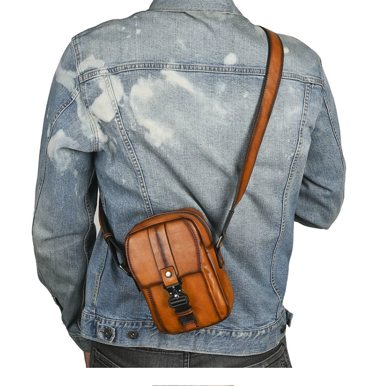 Whatnaアンティーク風合い鞣し天 然 牛革 ミニショルダーバッグ メンズ 斜め掛けボディ胸バッグ 肩掛け 通勤 通学 ワンショルダー 小さめメッセンジャー バッグ自転車 かばん男性用 WX8651-8