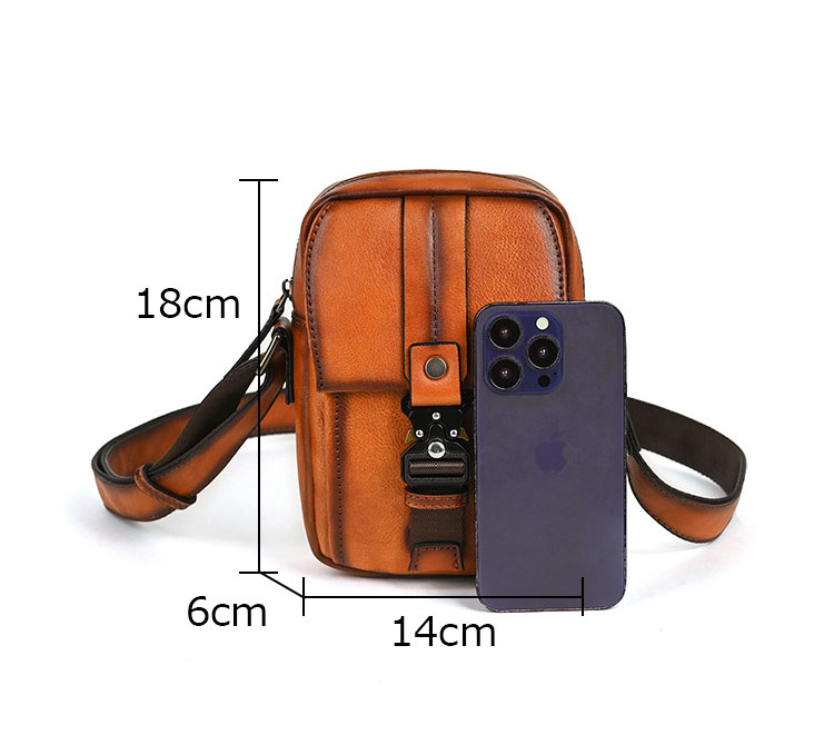 Whatnaアンティーク風合い鞣し天 然 牛革 ミニショルダーバッグ メンズ 斜め掛けボディ胸バッグ 肩掛け 通勤 通学 ワンショルダー 小さめメッセンジャー バッグ自転車 かばん男性用 WX8651-1