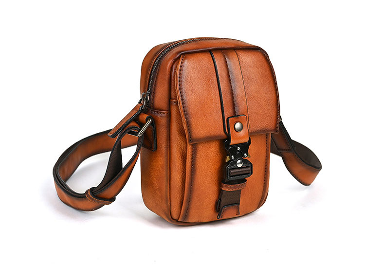 Whatnaアンティーク風合い鞣し天 然 牛革 ミニショルダーバッグ メンズ 斜め掛けボディ胸バッグ 肩掛け 通勤 通学 ワンショルダー 小さめメッセンジャー バッグ自転車 かばん男性用 WX8651-2