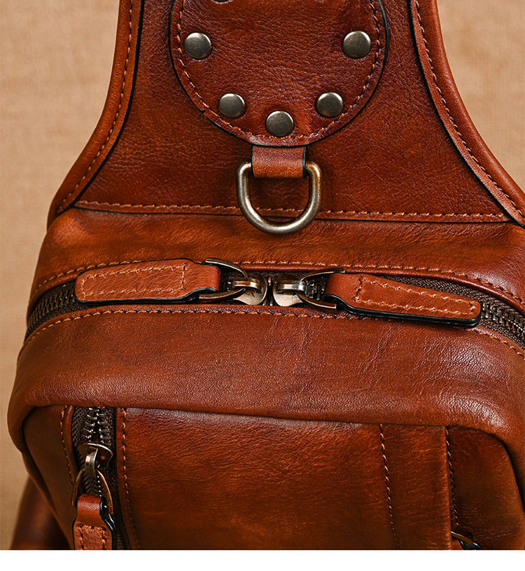 Whatnaアンティーク風合い鞣し天 然牛 革 斜めがけ ボディバッグ ワンショルダー メンズ ダブルファスナー本革 厚手  レザー2017-3