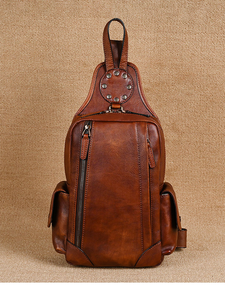 Whatnaアンティーク風合い鞣し天 然牛 革 斜めがけ ボディバッグ ワンショルダー メンズ ダブルファスナー本革 厚手  レザー2017-1