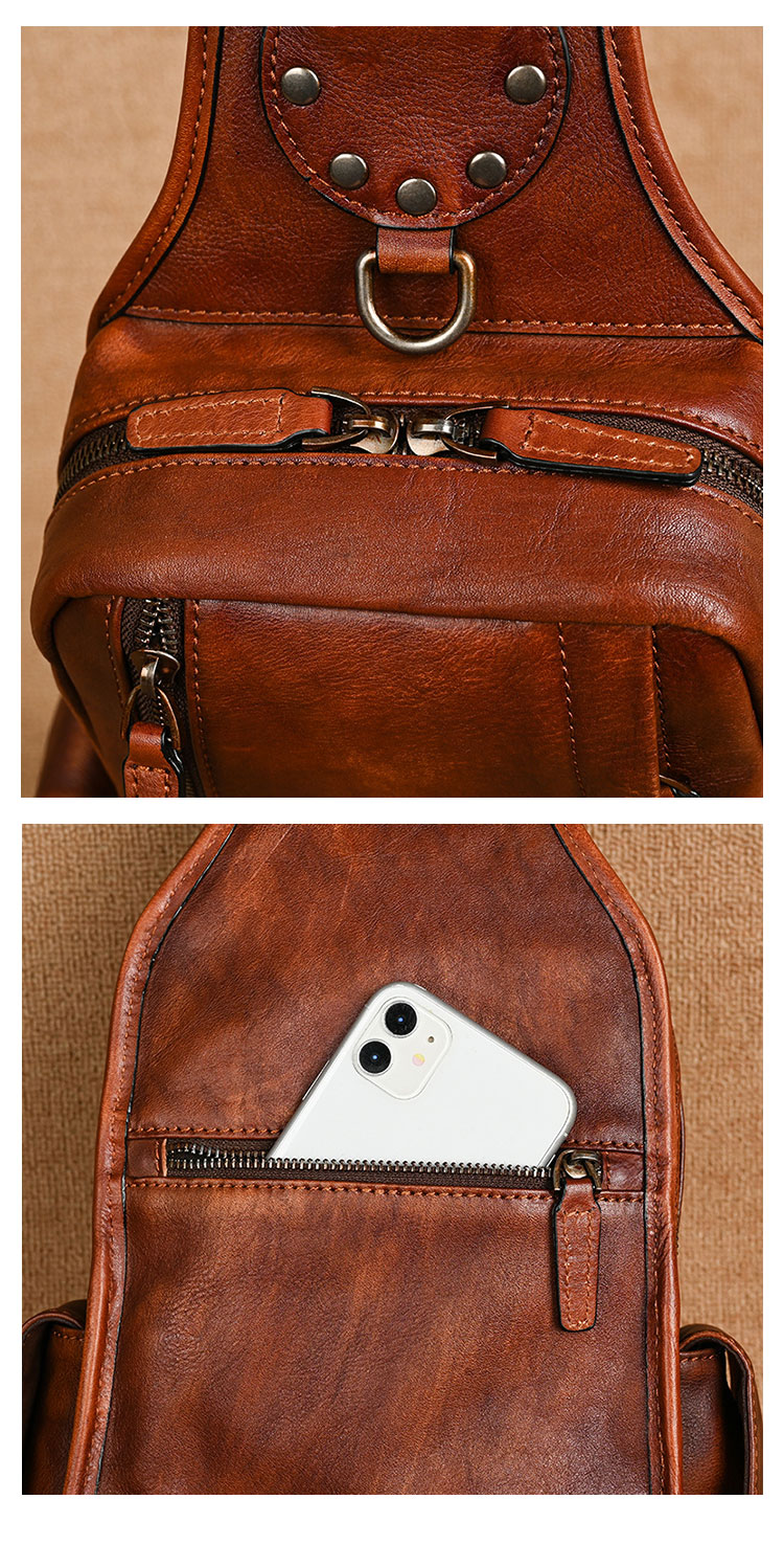 Whatnaアンティーク風合い鞣し天 然牛 革 斜めがけ ボディバッグ ワンショルダー メンズ ダブルファスナー本革 厚手  レザー2017-7