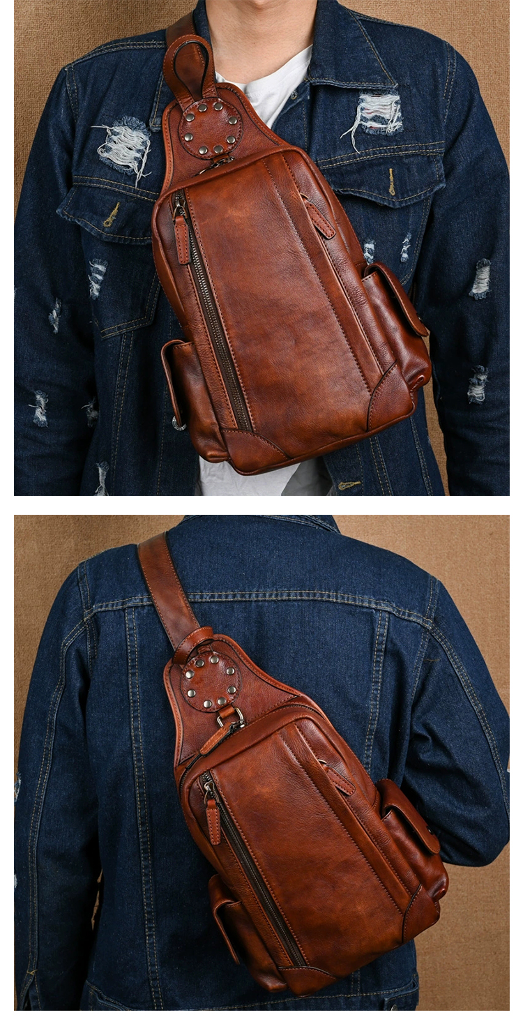 Whatnaアンティーク風合い鞣し天 然牛 革 斜めがけ ボディバッグ ワンショルダー メンズ ダブルファスナー本革 厚手  レザー2017-9