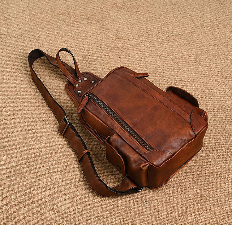 Whatnaアンティーク風合い鞣し天 然牛 革 斜めがけ ボディバッグ ワンショルダー メンズ ダブルファスナー本革 厚手  レザー2017-2