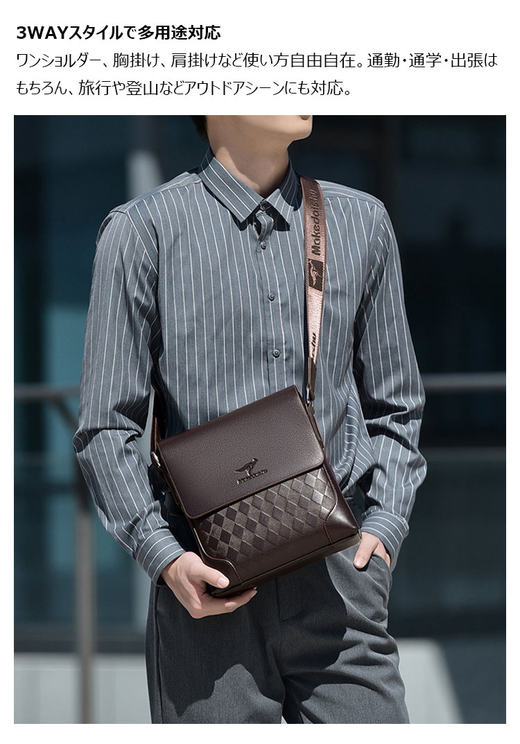 Whatna  ワンショルダーバッグ メンズ胸バッグ 斜め掛け 肩掛け PUレザー iPad 9.7収納可 コンパクト 軽量 ビジネス 通勤 旅行 登山 出張用-10