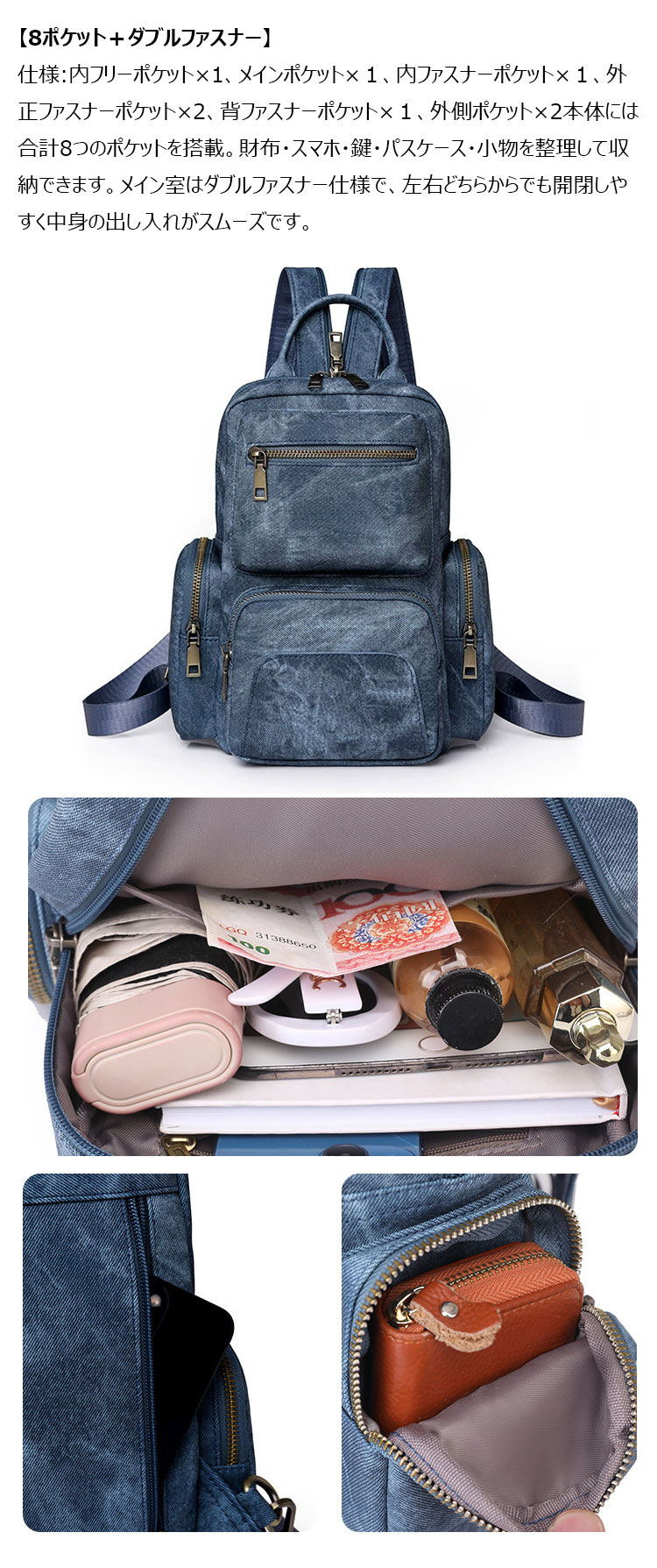 Whatna  ボディバッグ 4way メンズ レディース ショルダーバッグ リュック 手提げ 斜め掛け 胸掛け 8ポケット ダブルファスナー iPad 10.5インチ収納可 PUレザー 合成皮革 大容量 通勤 通学 旅行 ビジネス カジュアル おしゃれ 鞄-7