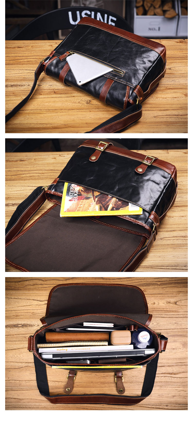 Whatnaアンティーク風合い鞣し天 然 牛革 ショルダーバッグ メンズ  斜め掛けボディ胸バッグ さめ A4サイズ ipad 13.3Air収納可 肩掛け ビジネス 通勤 通学  メッセンジャーバッグ自転車 かばん男性用 7316ZR-7