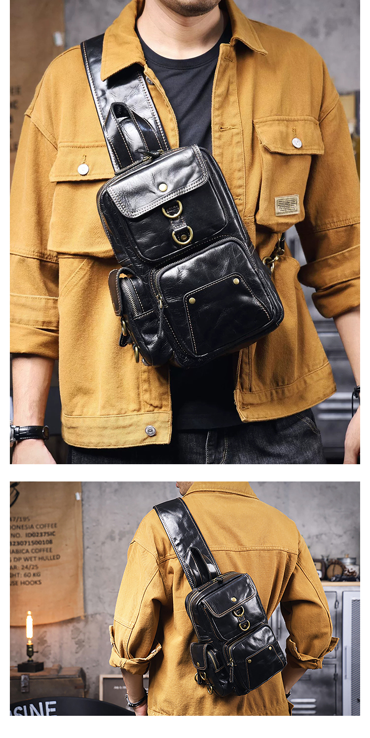 Whatna アンティーク風合い鞣し天 然牛 革 斜めがけ ボディバッグ ワンショルダーメンズ 本革 厚手  レザーポケットの数X8 7705-8