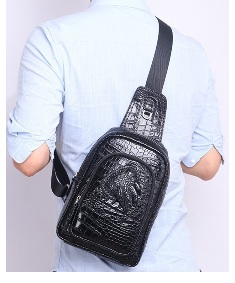 Whatna クロコダイル型押し 天 然牛 革 斜めがけ ボディバッグ ワンショルダー メンズ 本革 厚手 レザー イヤホン穴付 カードポケットx3 6163-10