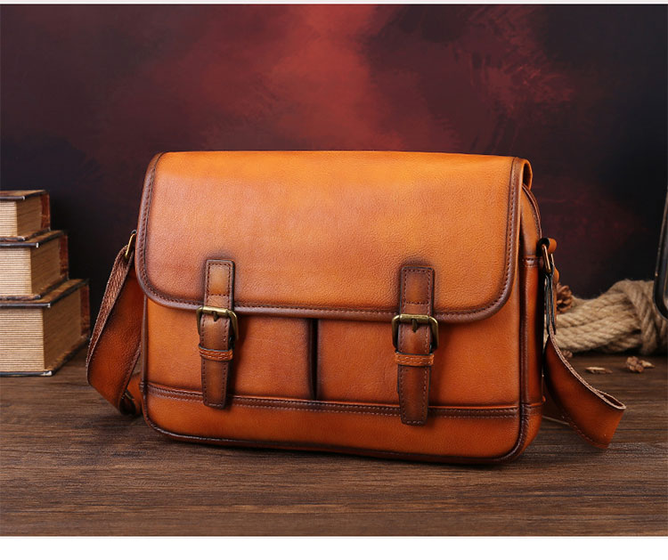 Whatna メンズ ショルダーバッグ 斜めがけ 2WAY フラップバッグ 植物タンニンなめし牛革 ヴィンテージ風 レトロ 公文包風 A4サイズ対応 32×7×23cm-2
